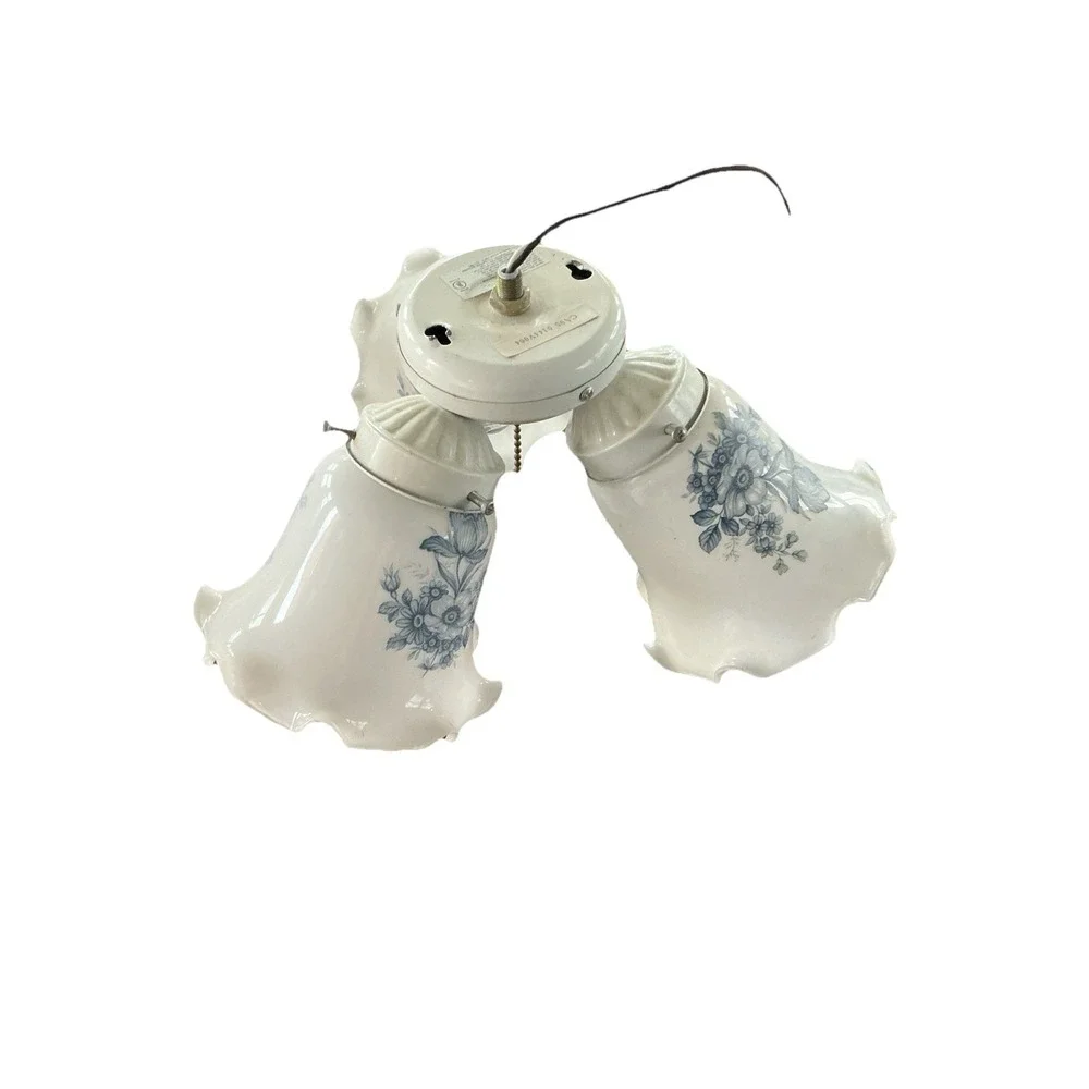 VTG White Milk Glass 3 Scalloped Shades For Ceiling Fan With Delft Flowers - Picture 2 of 7